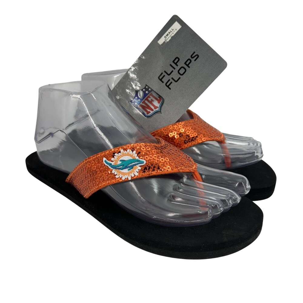 Miami Dolphins Flip Flops Womens Small Orange Sequin NFL Football For Bare Feet
